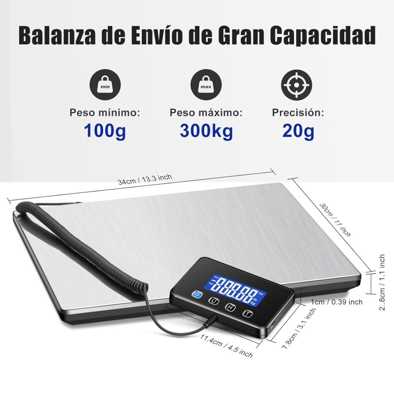 Bascula Industrial, Bascula Maletas Viaje de 300kg/20g con Función de Retención/Tara