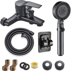 Griferia Ducha Negra Grifo de Bañera Negro con Alcachofa de Mano con 5 Funciones de Spray