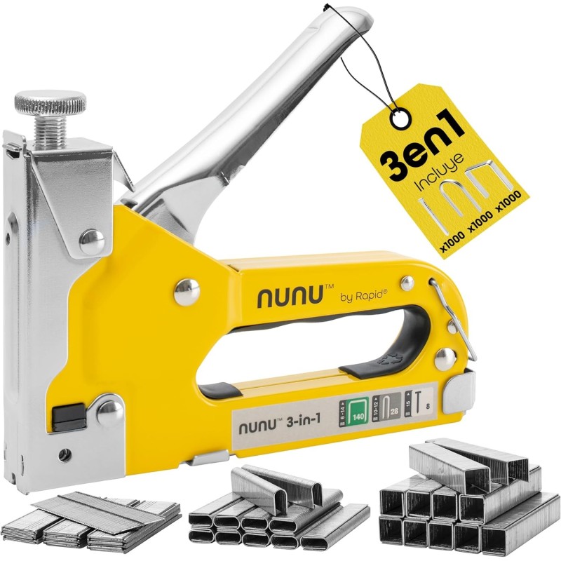 Rapid NUNU Grapadora Manual 3 en 1 para Madera con 3.000 Grapas y clavos