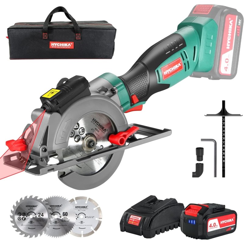 HYCHIKA Mini Sierra Circular Inalámbrica, Batería de 18V con 4.0Ah, Guía, 3500RPM